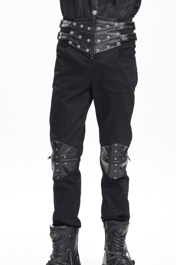 Black Stitching Buckle-up Studs Men's Gothic Pants