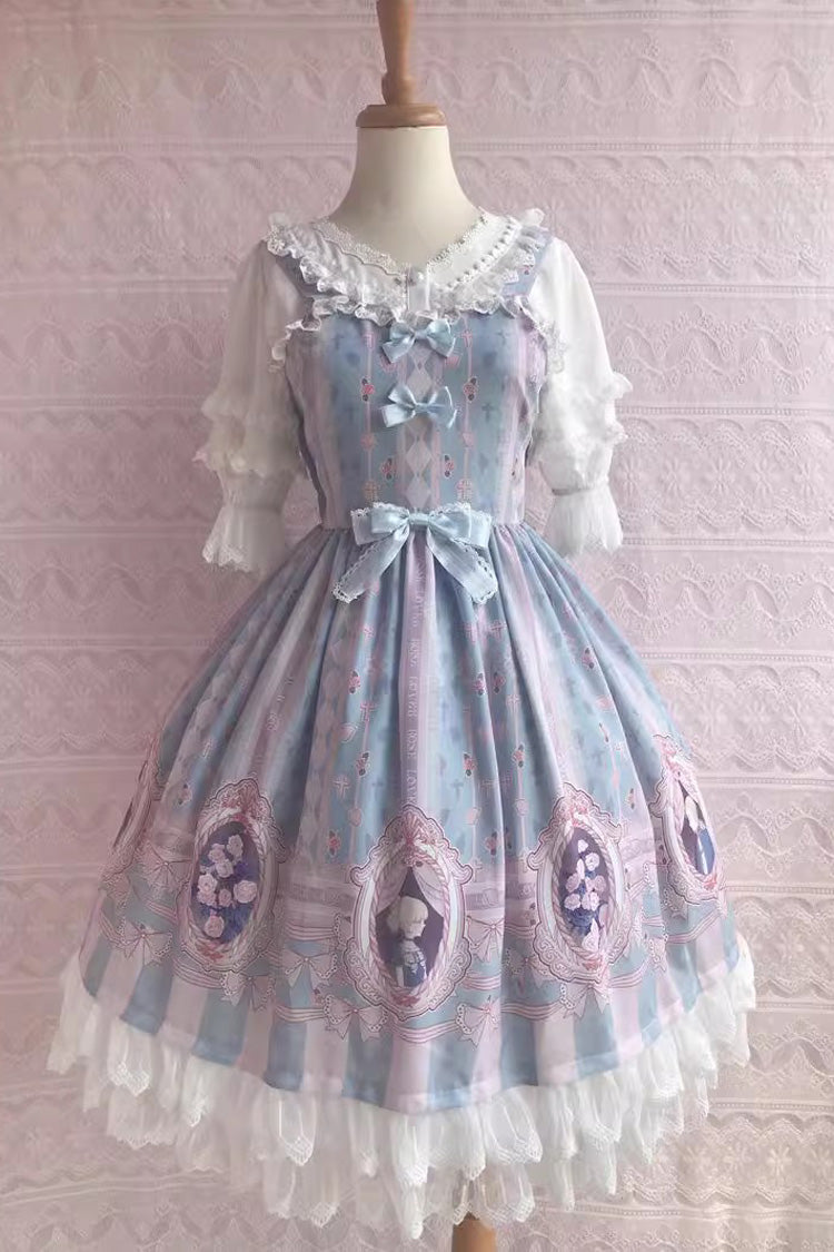 Doppellagiges süßes Lolita-JSK-Kleid mit Rüschen und Schleife im Rose Lover's Dream-Print, 3 Farben