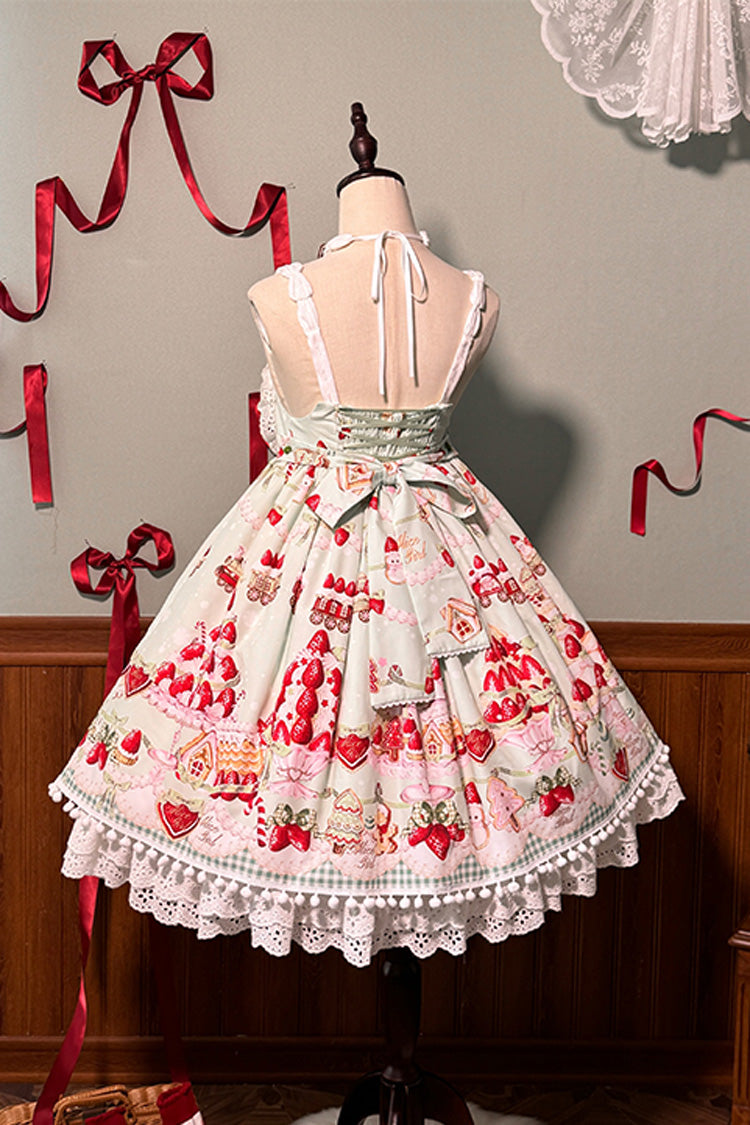 Süßes Lolita JSK-Kleid mit Rüschen und Schleife, Mint, Erdbeer-Dessert-Print, hoher Taille, 4 Farben