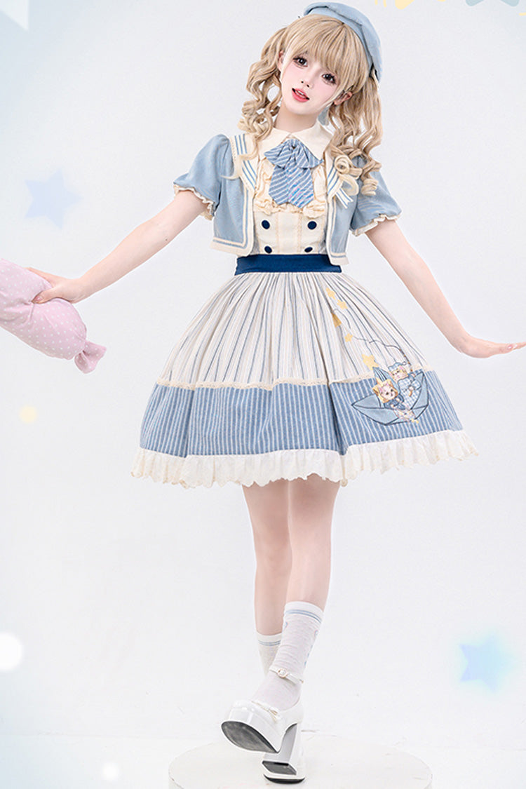 Blau/Elfenbeinfarbenes süßes Lolita-Kleid mit ärmellosem Rüschen- und Schleifenmuster im Marine-Stil