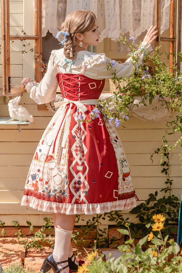 Red [Tea Party] Print Ruffle Bowknot Lace Sweet Elegant Lolita Jsk Dress