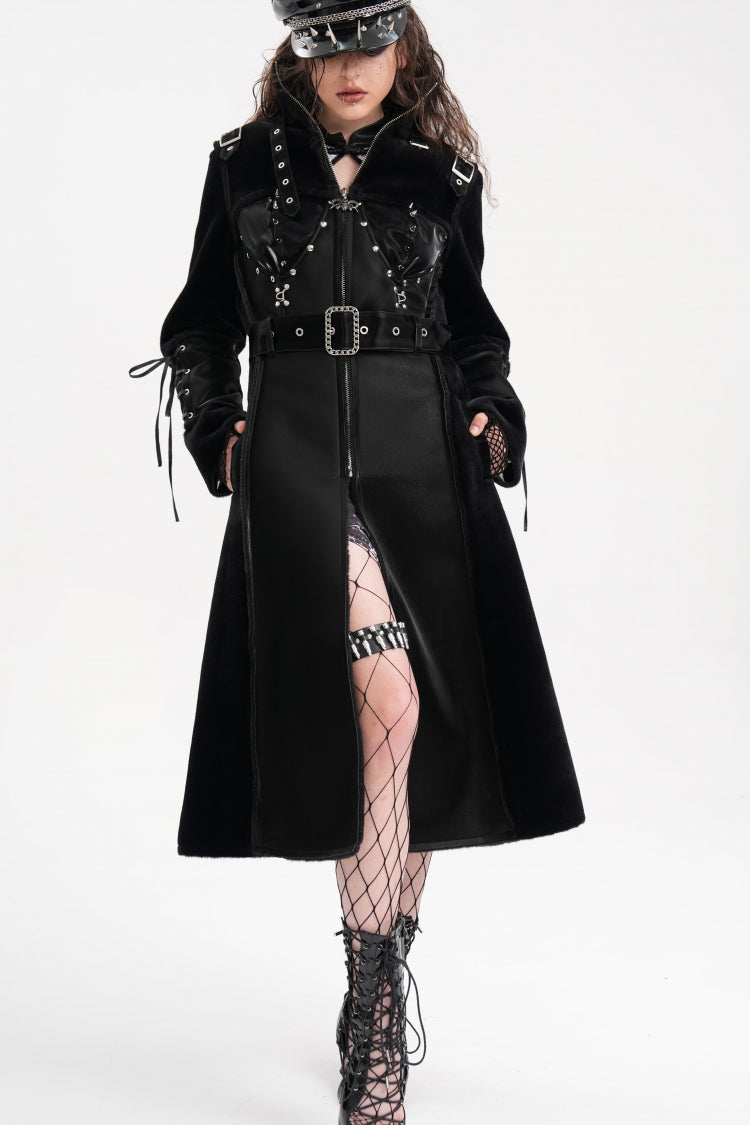 Black Women's Buckle-up Studs Eyelets Gothic Coat