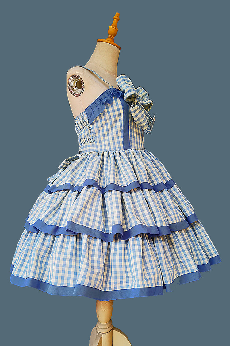 Blau [Cloth Cat] Süßes Lolita-Kleid mit dreilagigem Karomuster, Rüschen und Schleife, 2 Farben