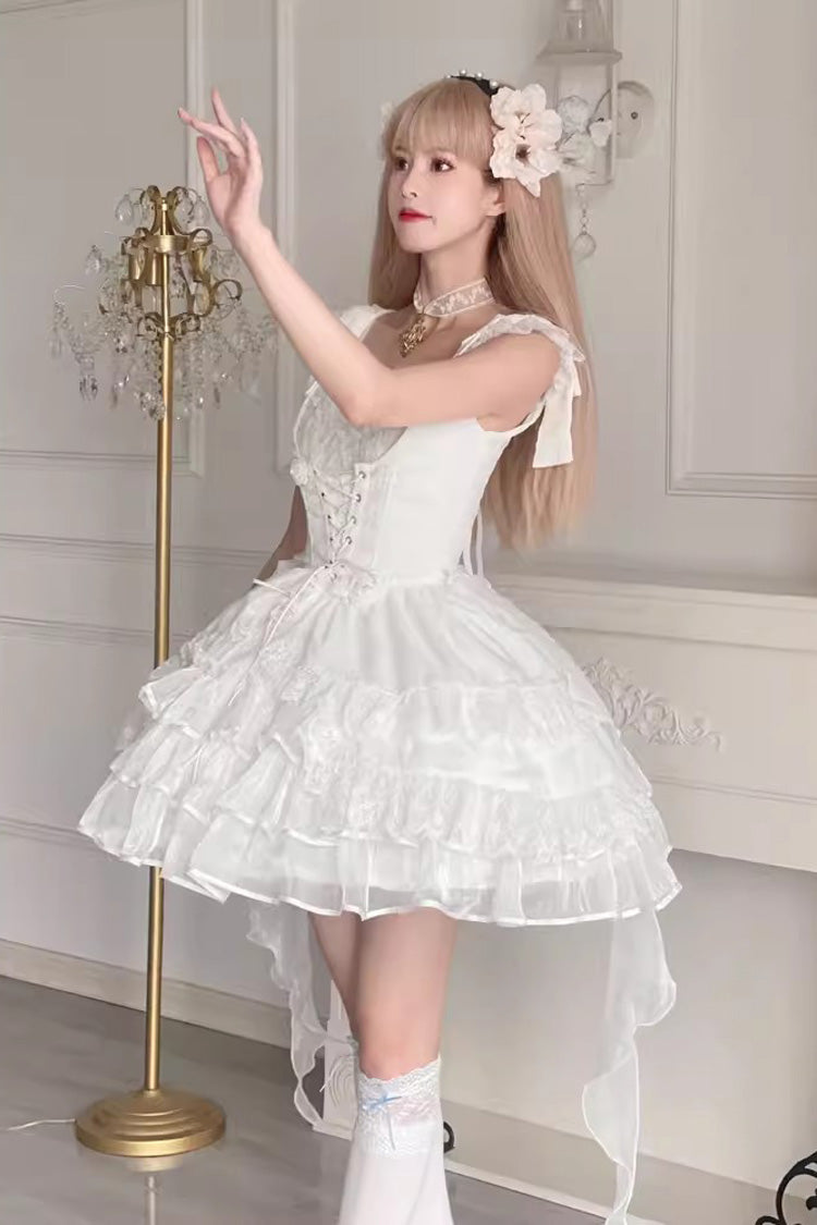 ホワイトローズマルチレイヤーフリル花嫁ステッチレース取り外し可能なスイートプリンセスロリータティアードドレス