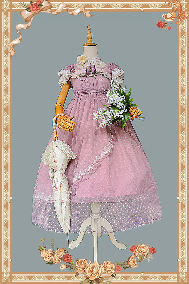 Pink [Moon goddess *Mediana*] Polka Dot Print Ruffle Bowknot Asymmetric Sweet Elegant Lolita Dress