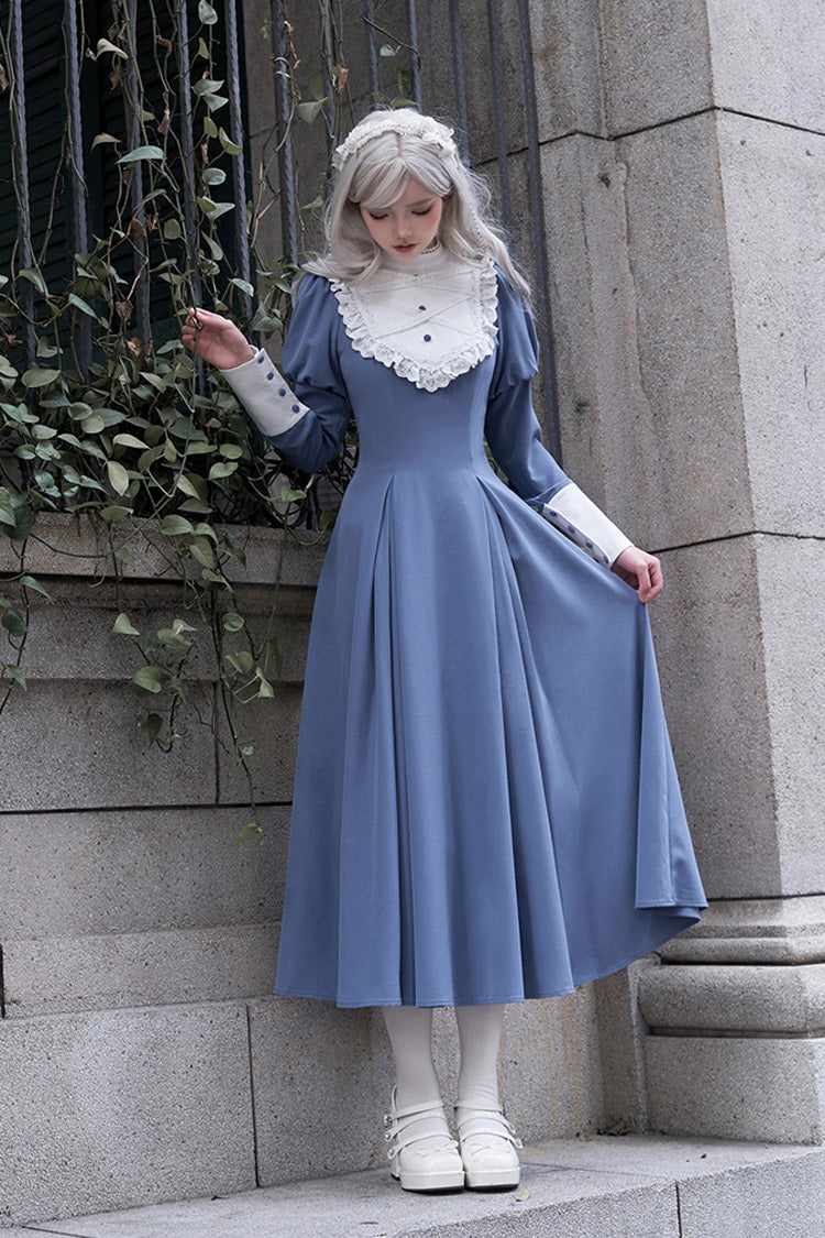 Blaues Lolita-Kleid im Nonnenstil mit Stehkragen, langen Ärmeln, Rüschen und Schleife, klassisch, elegant