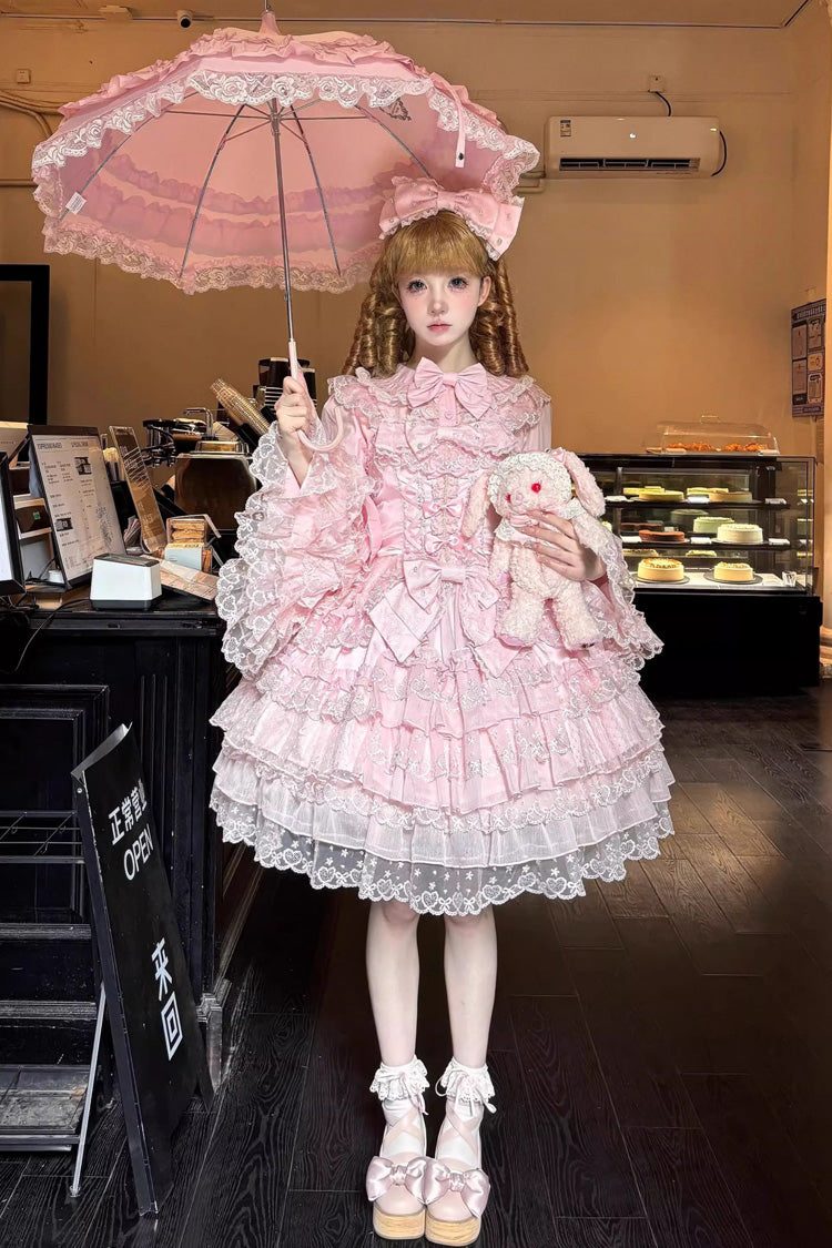 Rosa [Love Overture] Süßes Lolita Jsk Kleid mit mehrlagigem Rüschen- und Schleifenmuster und Spitze