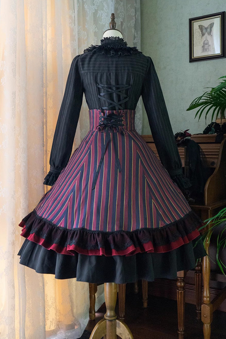 Point Manor Multi-layer Striped Print Ruffle Vintage Elegant Gothic Lolita Skirt 4 Colors