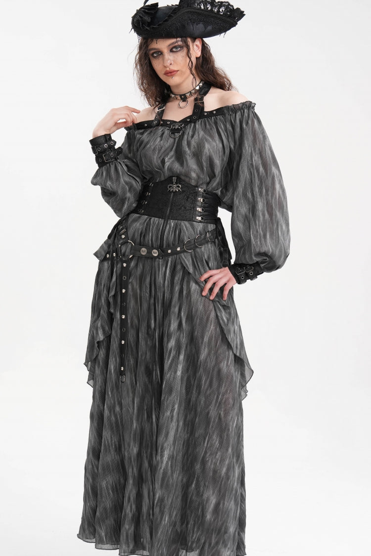 Schwarzer, langer Rock mit Rüschen und Schnürung im Gothic-Stil für Damen mit Ösen und Nieten