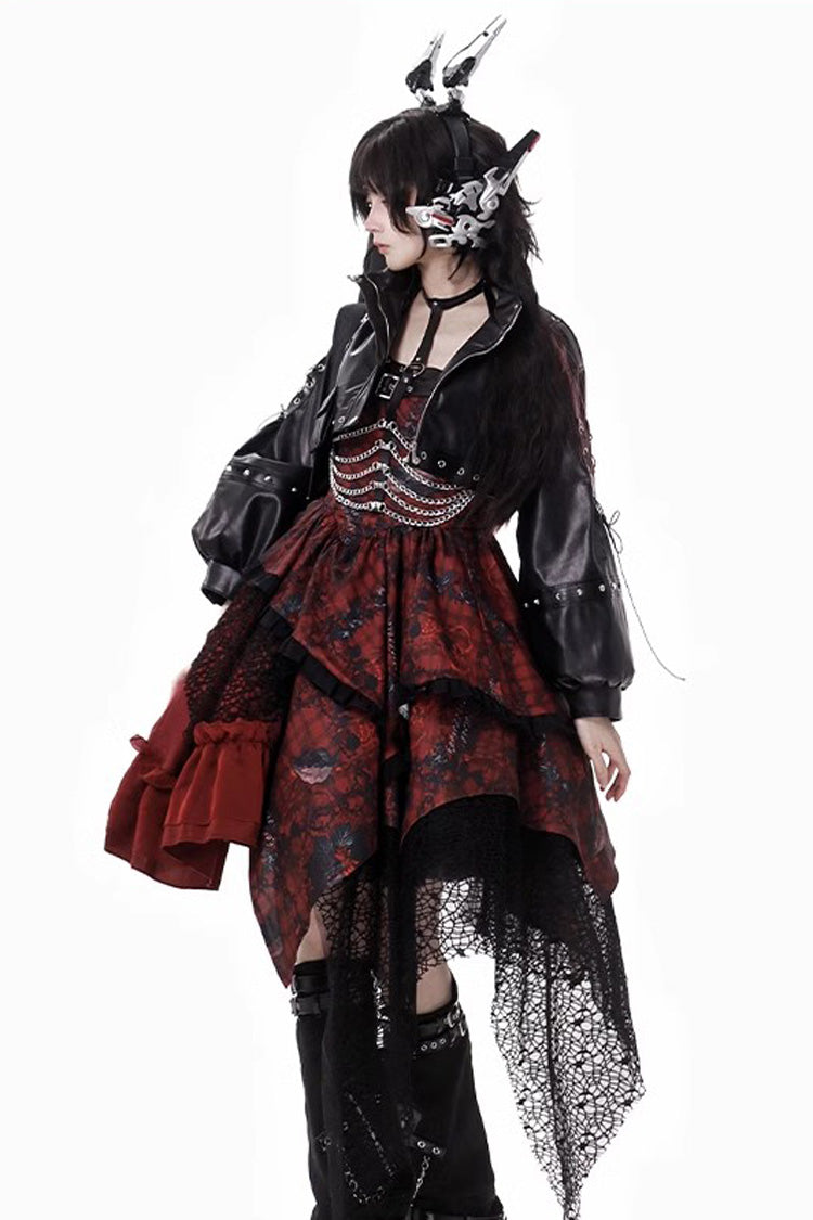 Red [Strawberries of Blood and Tears] Sleeveless Print Ruffle Bowknot Lace Asymmetric Gothic Lolita Jsk Dress