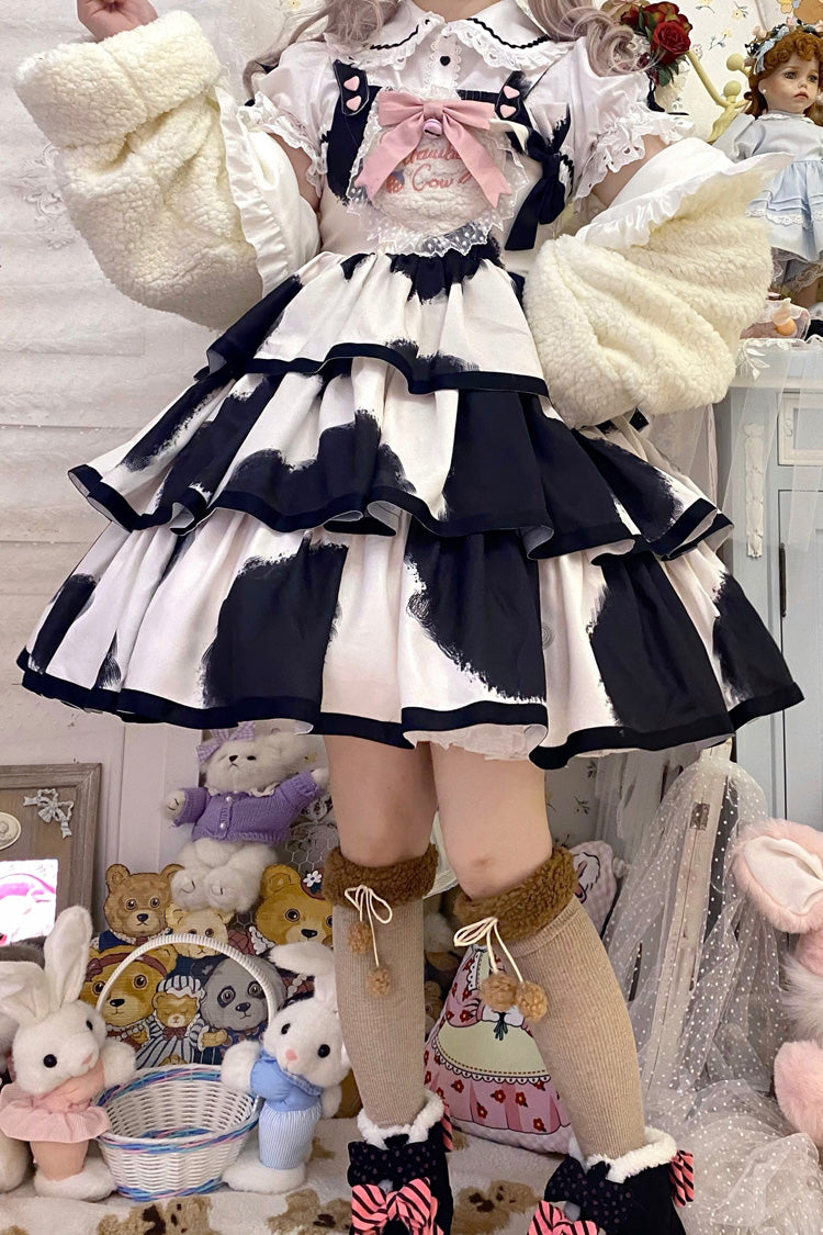 Black Sleeveless Triple-Layered Cow Print Ruffle Bowknot Sweet Lolita Jsk Dress