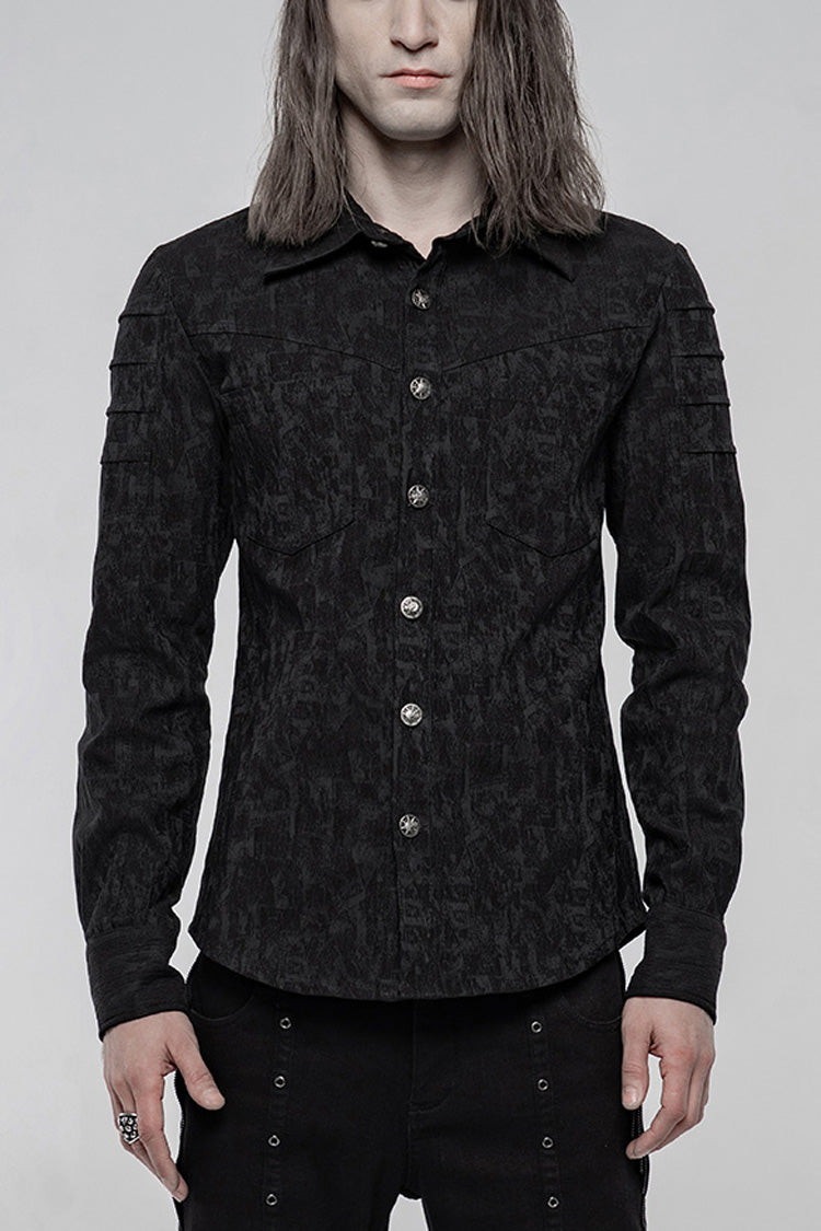 Black Long Sleeve Jacquard Front Metal Skull Button Men's Punk Shirt