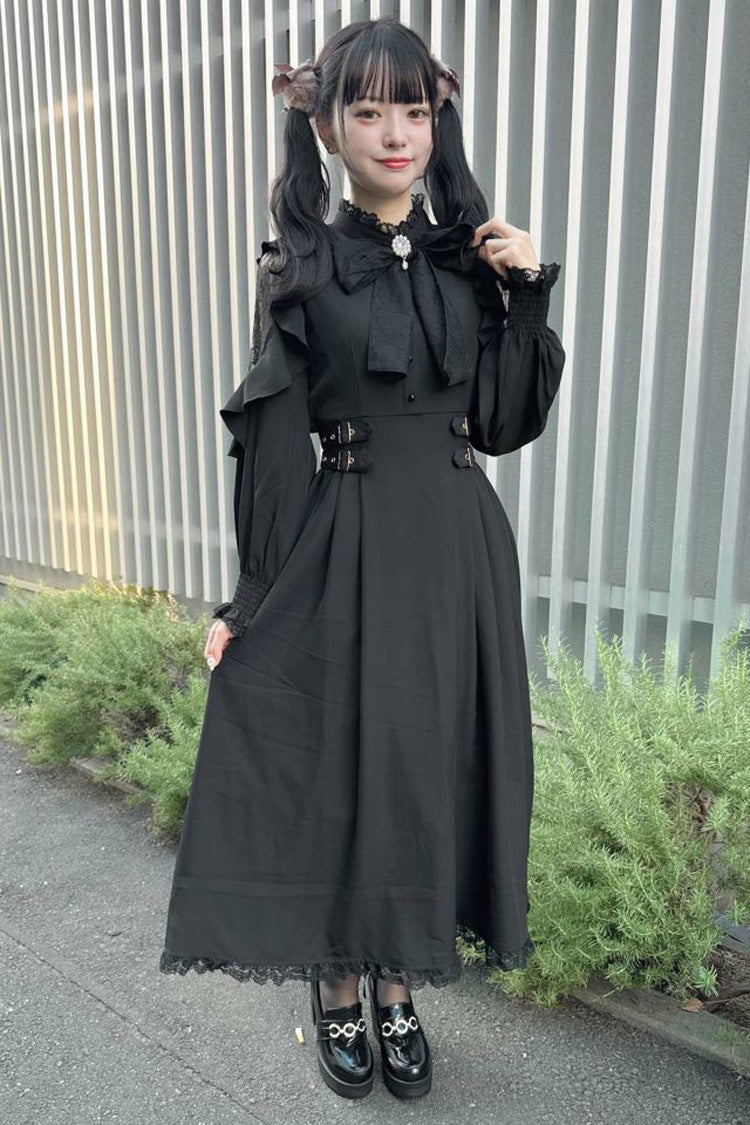 Black Stand Collar Off Shoulder Long Sleeves Hollow Bowknot Slim Jirai Kei Japanese Dress