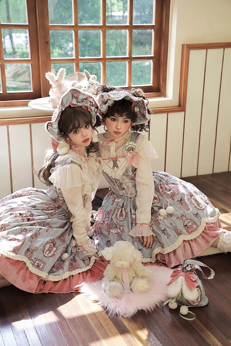 Pink/Green Bear Doll Wall Print Lamb's Ear Ruffle Embroidery Bowknot Sweet Lolita Dress