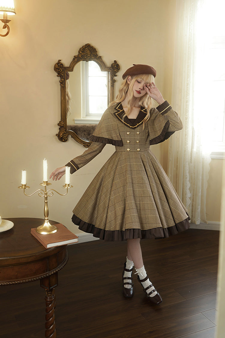 Brown [Baker Street Stories] Stripe Print Ruffle Fake Two Pieces British College Style Classic Lolita Dress