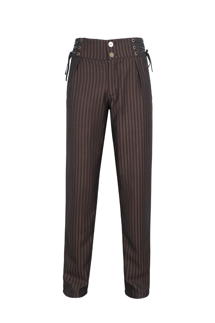 Brown High Waisted Lace-Up Striped Men's Gothic Pants