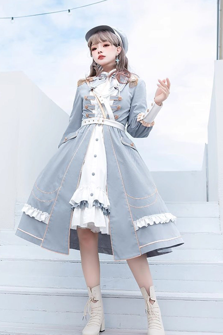 White/Blue Star Ocean Fantasy Cardigan Bowknot Stitching Sweet Military Lolita Dress