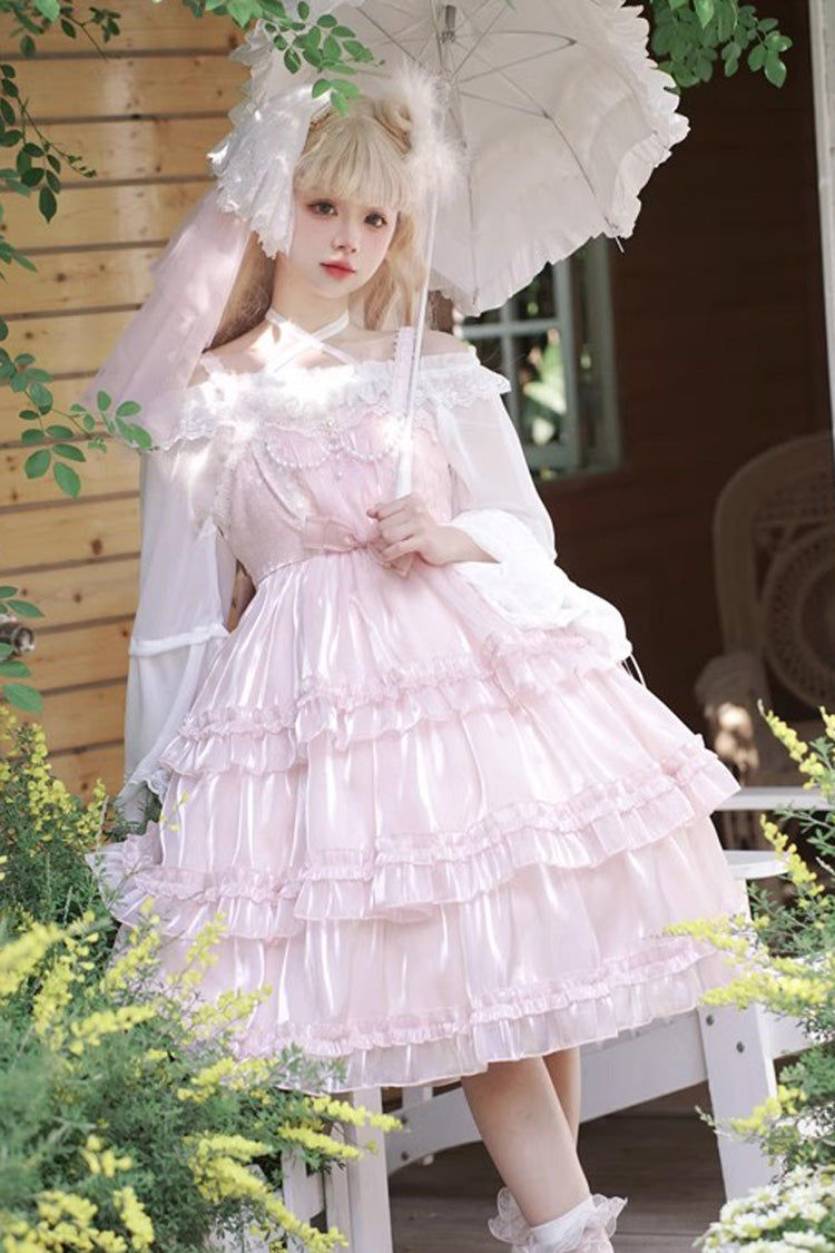 Pink Gauze Romance Multi-layer Ruffle Bowknot Sweet Elegant Princess Lolita Jsk Dress