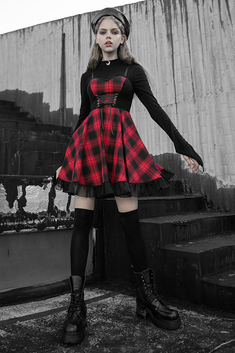 Lattice Plaid Stitching Binding Women's Steam Punk Strap Dress