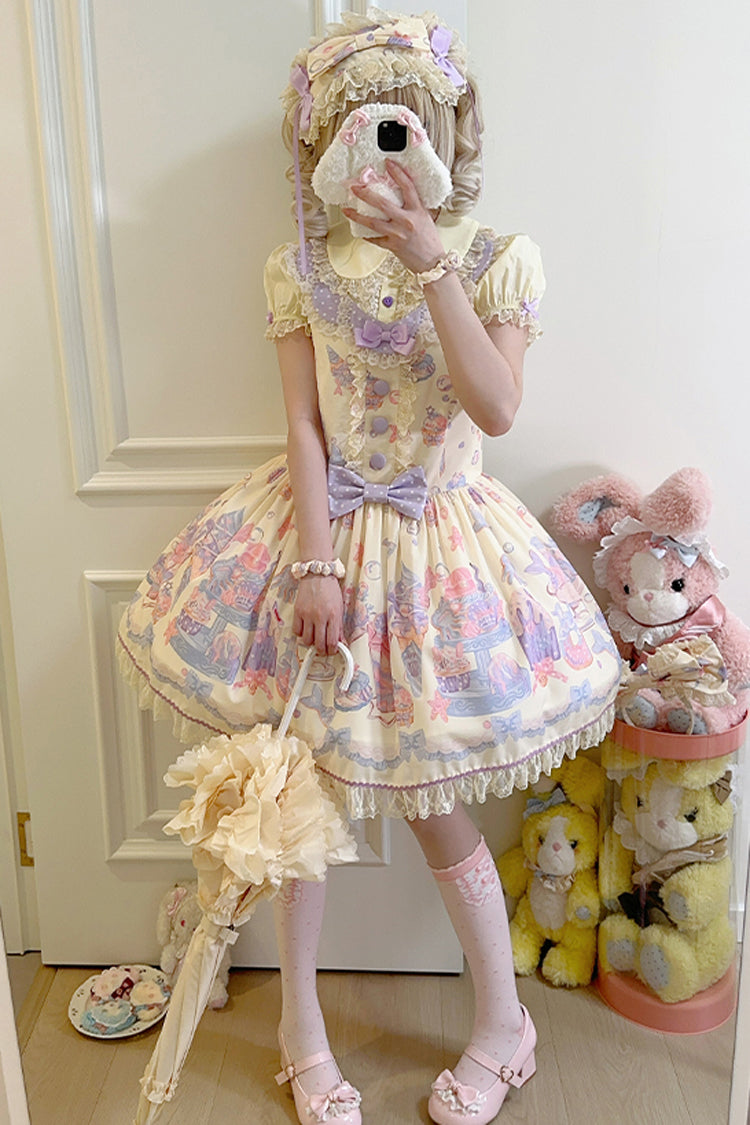 Cream Soda Mermaid Print Light Yellow Bowknot Lace Sweet Lolita Strap Dress