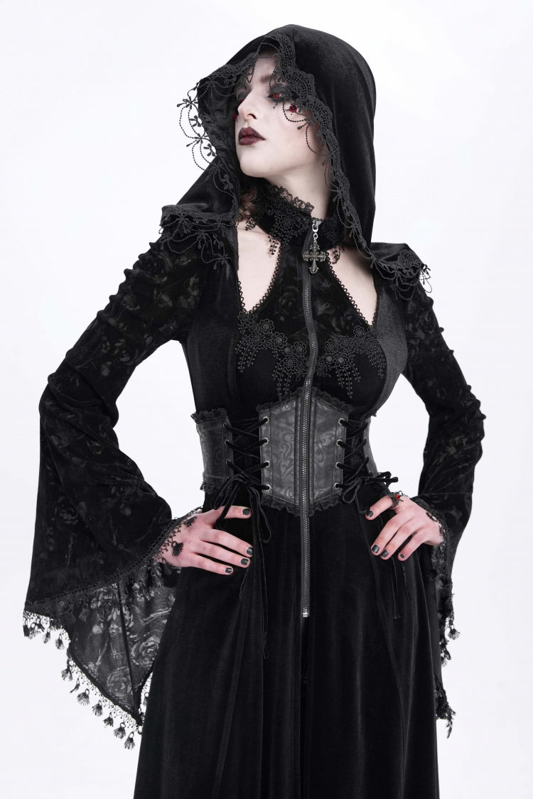Black Long Sleeves Hollow Embroidery Hooded Ripped Women's Gothic Dress Coat