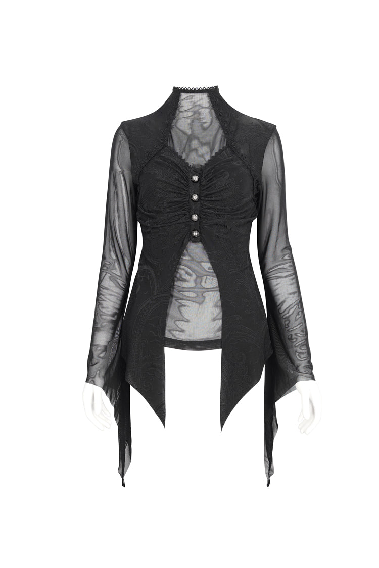 Black Jacquard Mesh Ruffled Long Sleeved Gothic Women's Shirt