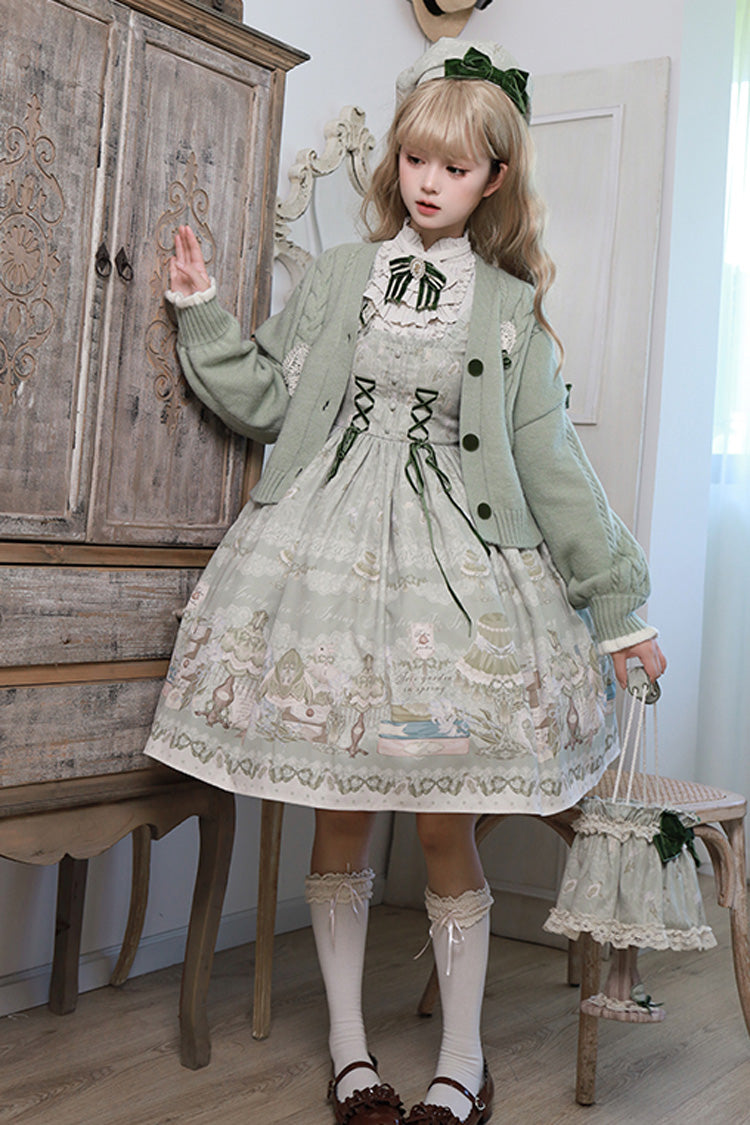 [Iris Study] Square Collar Print Bowknot Lace-Up Sweet Lolita Jumper Dress 2 Colors