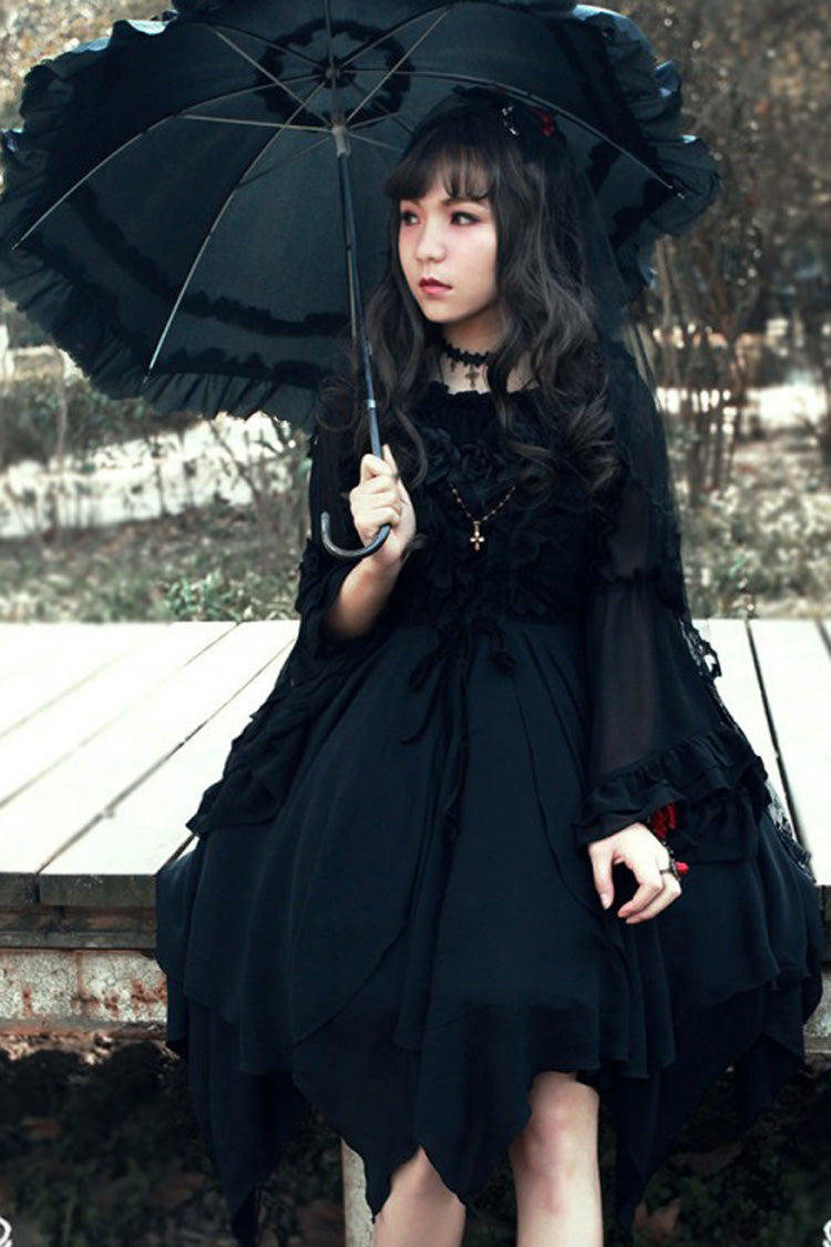 [Ballet of the Dead] Double-Layered Embroidery Lace-Up Gothic Lolita Jsk Dress (Cape Included)