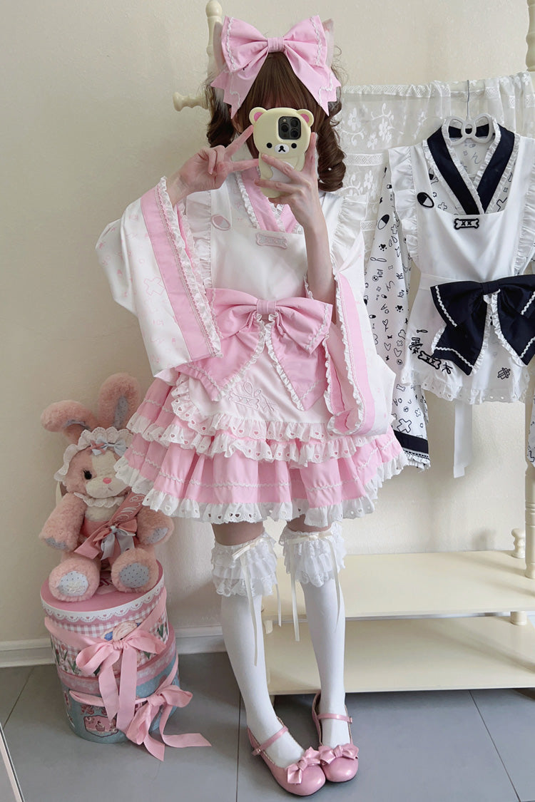 Pink/White Double-Layered Ruffle Bowknot Maid Sweet Lolita Skirt Set