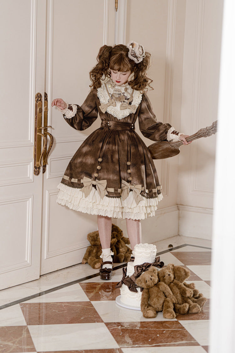 Brown [Chocolate Cat] Print Long Sleeves Ruffle Bowknot Sweet Lolita Dress