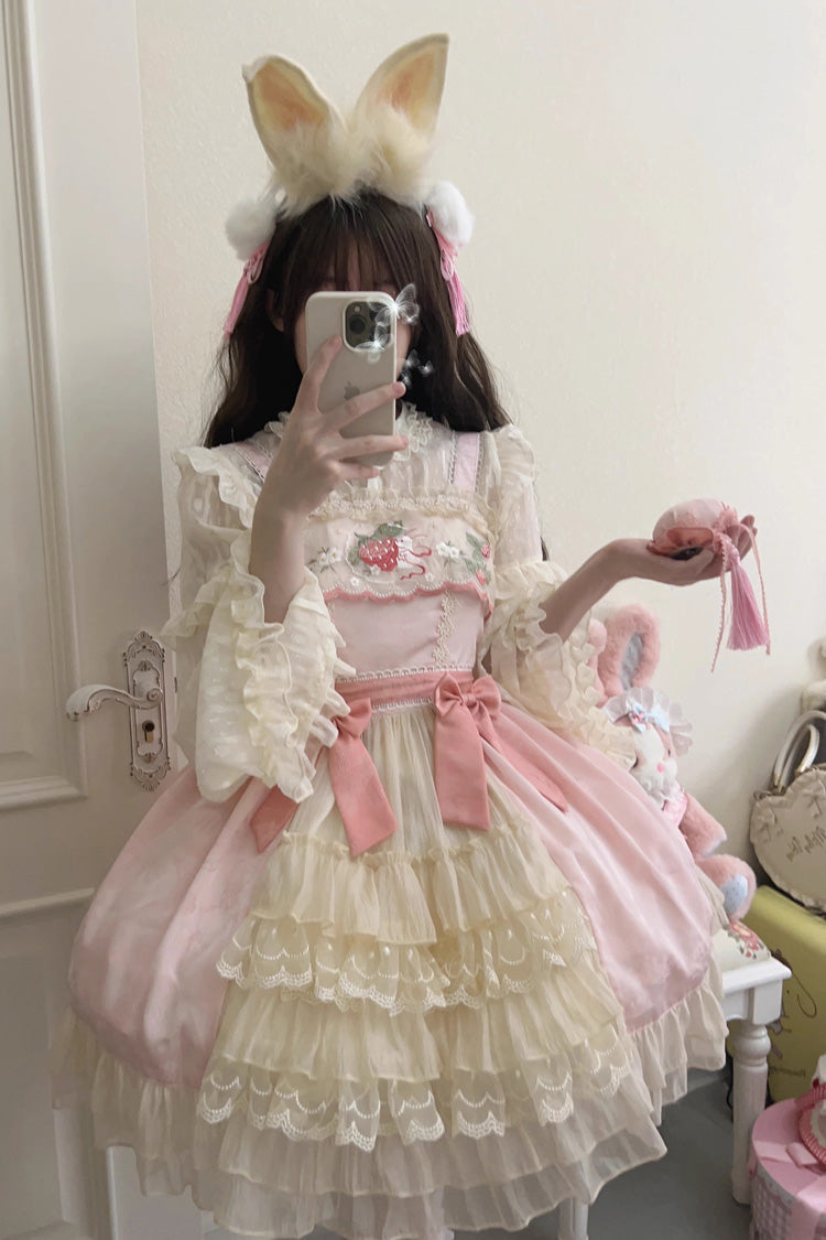 Süßes Lolita JSK Kleid mit Rüschenstickerei und Schleife im Mondkaninchen-Stil