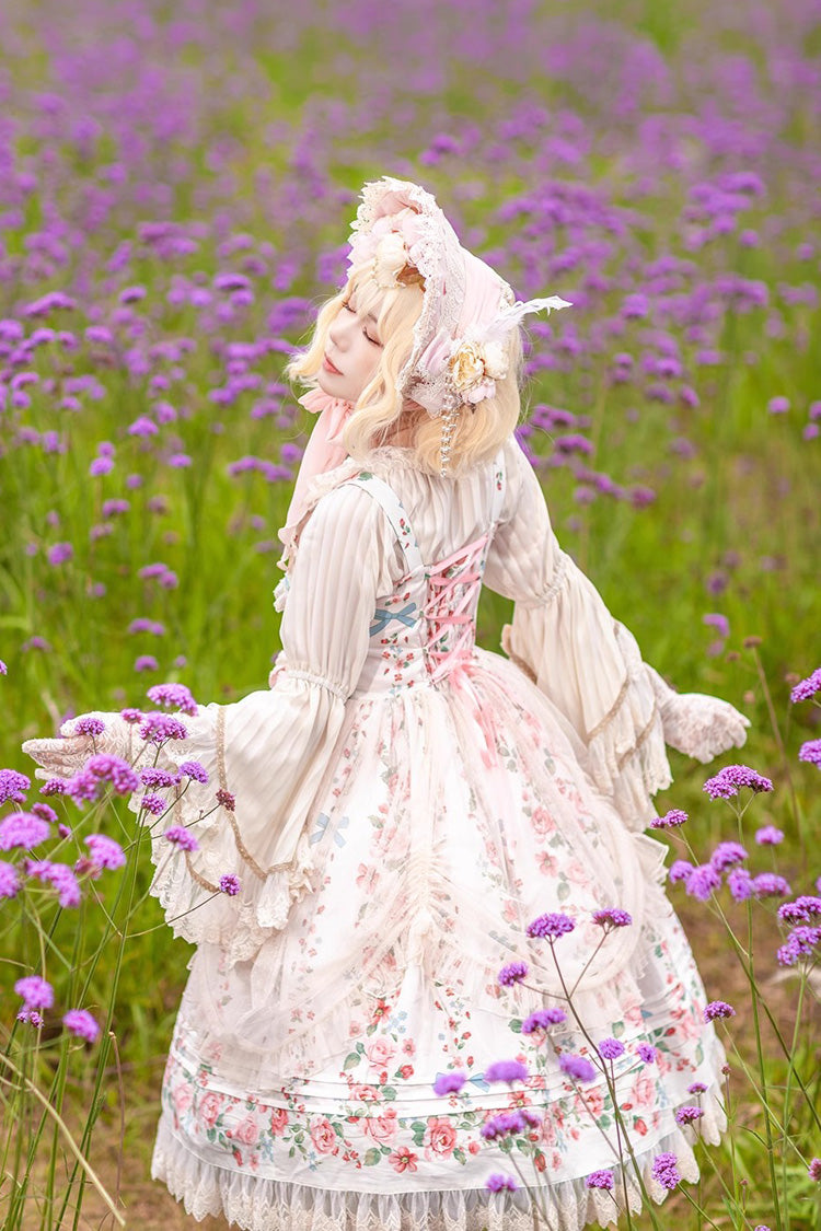 Apricot Rose Morning Dew Print Sweet Elegant Lolita Jsk Dress