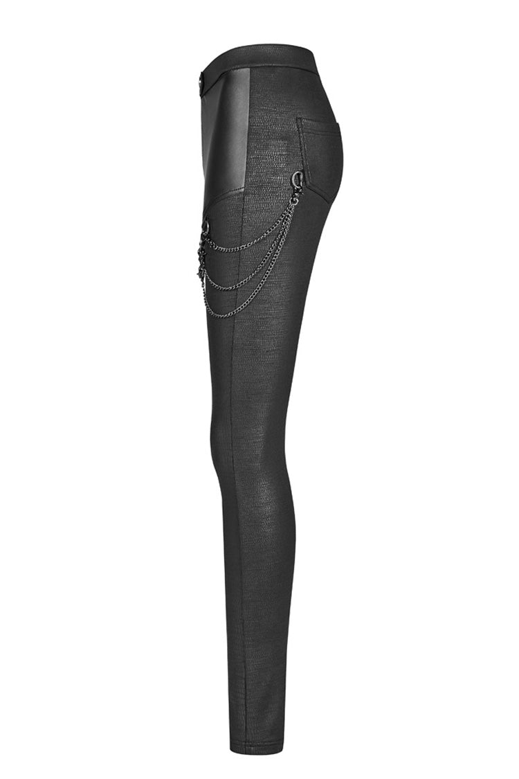 Black Crack Velvet Splice Knit PU Leather Metal Buckle Connect Chain Women's Punk Leggings