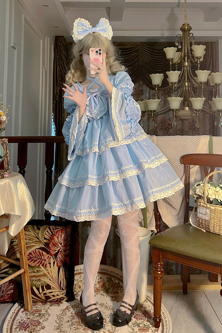 Blue Triple-Layered Detachable Sleeves Bowknot Lace-Up Sweet Lolita Dress