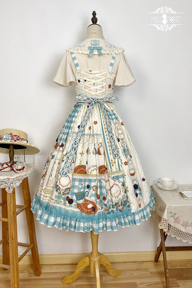 Blue/Green [Tea Party] Print Ruffle Bowknot Lace Sweet Elegant Lolita Jsk Dress