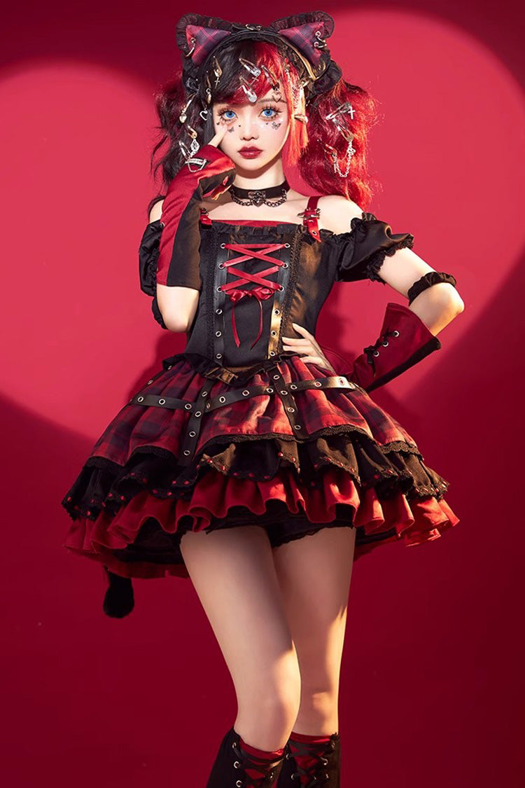 Black/Red Print Ruffle Lace-Up Gothic Japanese Princess Lolita JSK Dress