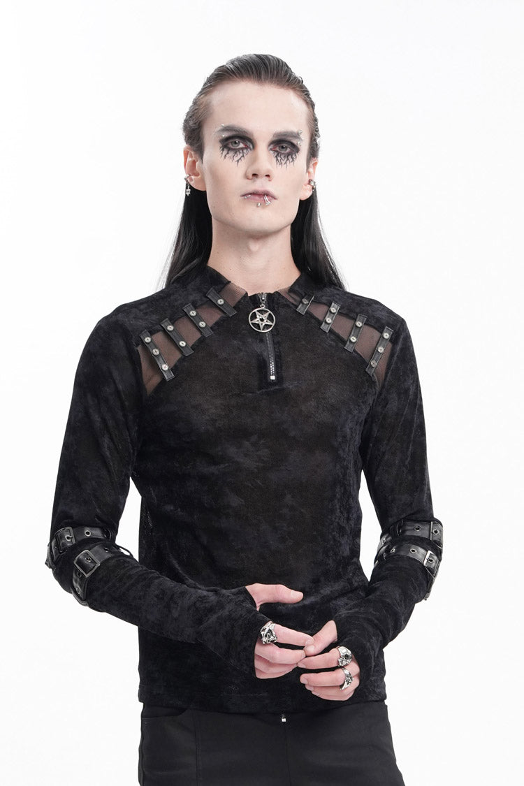 Black Round Collar Long Sleeves Buckle Star Studs Men's Gothic T-Shirt