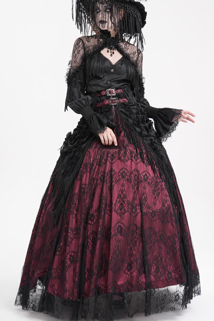 Wine Red Print Embroidery Tassels Buckle-up Lace-Up Women's Gothic Long Skirt