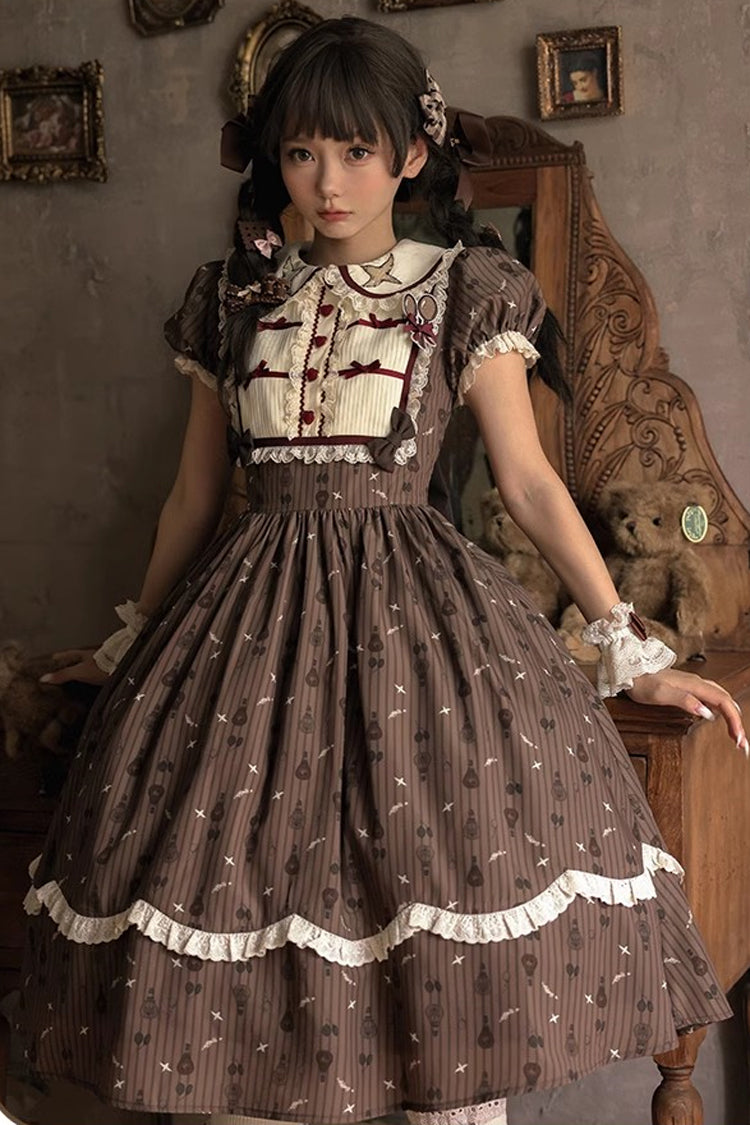 Braunes Moro Coco [Heißluftballon] Druck Rüschen Schleife Süßes Elegantes Prinzessin Lolita Kleid Lange Version