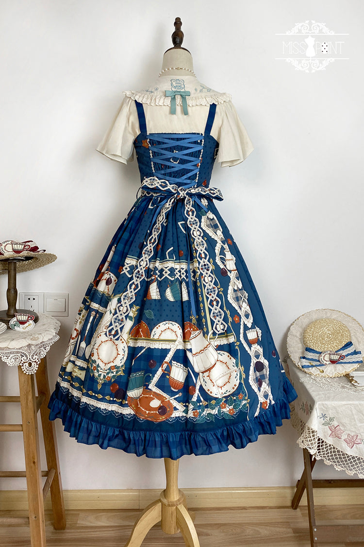 Dark Blue [Tea Party] Print Ruffle Bowknot Lace Sweet Elegant Lolita Jsk Dress