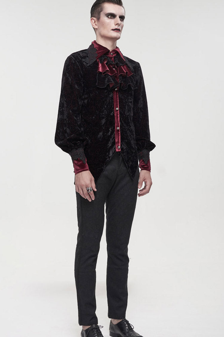 Black/Red Gothic Lace Stand Collar Ruffle Lantern Sleeves Velvet Crack Men's Shirt