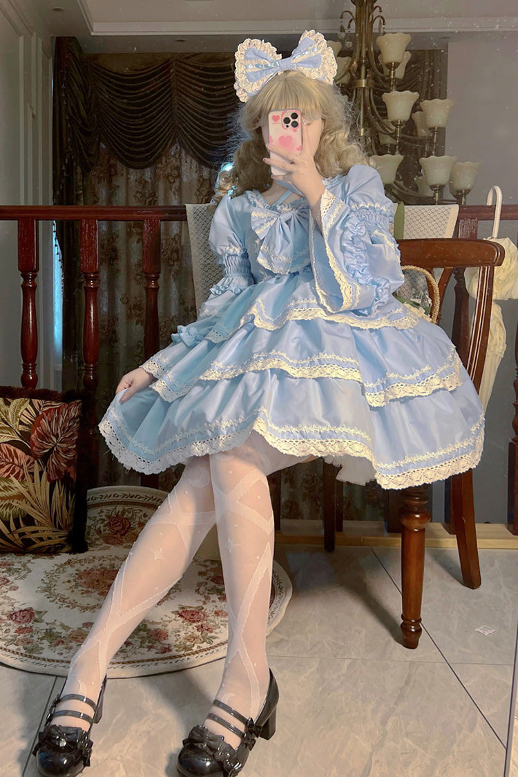 Blue Triple-Layered Detachable Sleeves Bowknot Lace-Up Sweet Lolita Dress