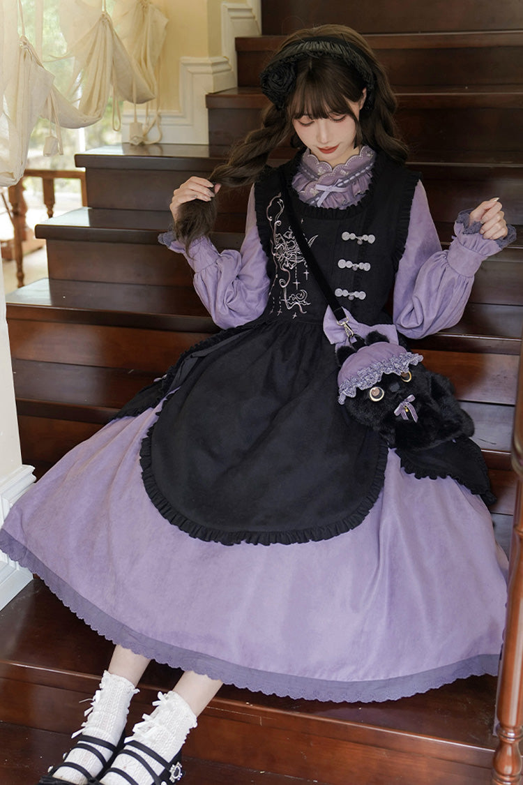 Black/Purple Petal Collar Drawstring Long Sleeves Embroidery Sweet Chinese Style Lolita Dress Two-piece Set