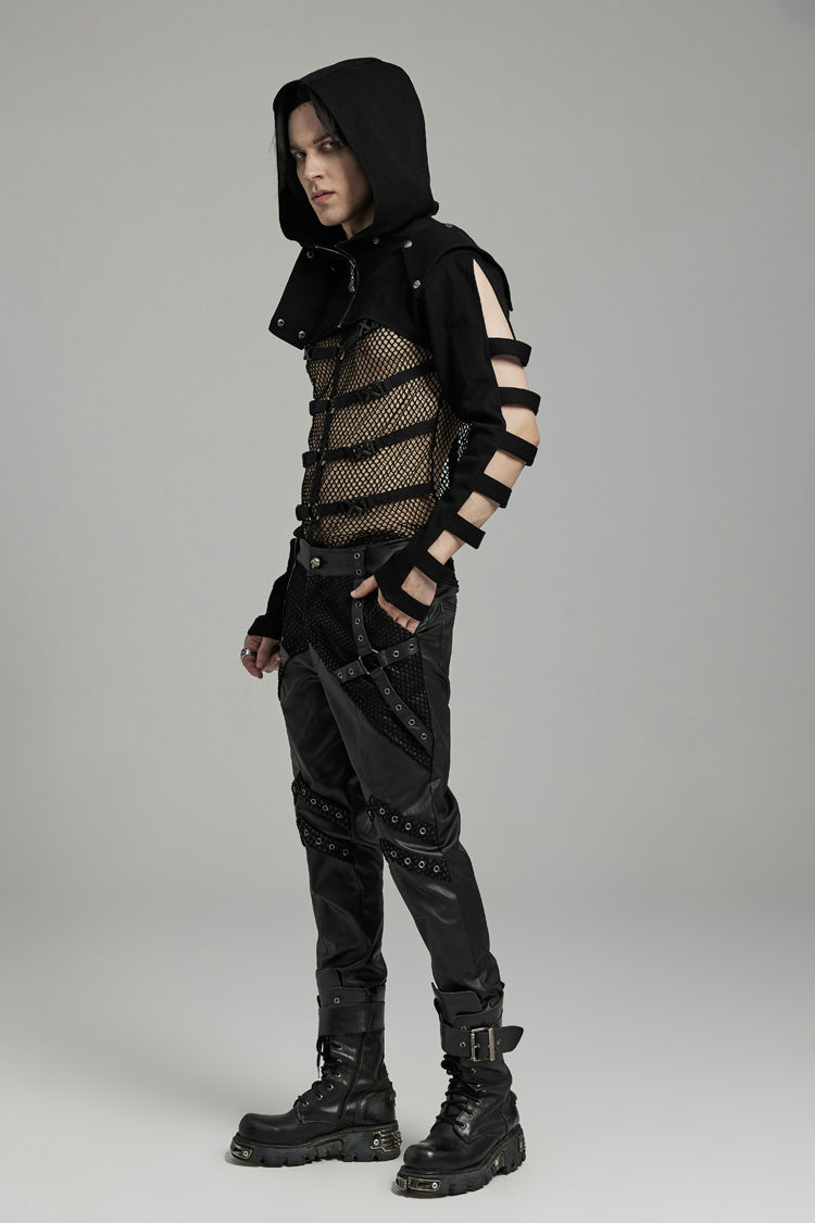 Black Stand Collar Hooded Cutout Men's Punk Jacket