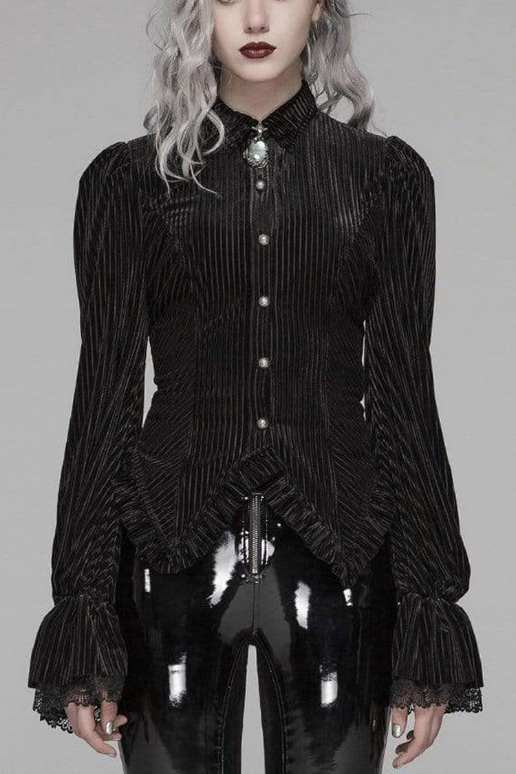 Striped Velvet Metal Retro Button Lace Cuff Back Waist Lace Up Women's Gothic Blouse