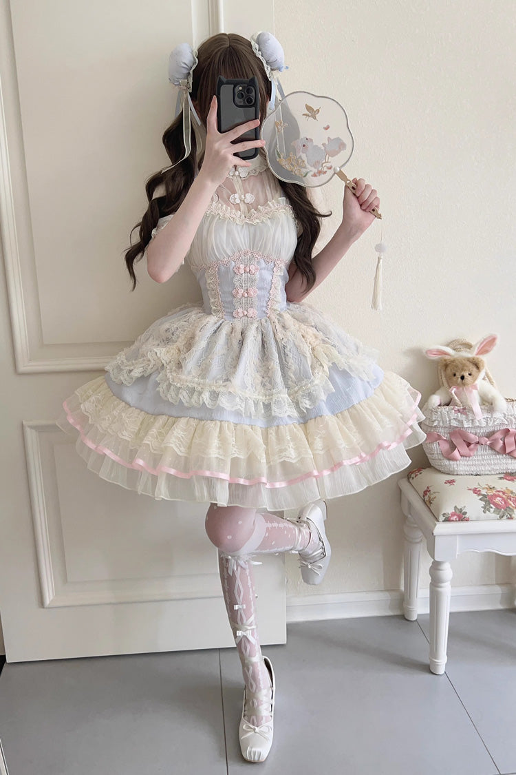 Flower Bud Halterneck Print Ruffle Lace Sweet Chinese Ballet Style Lolita Jsk Dress 3 Colors