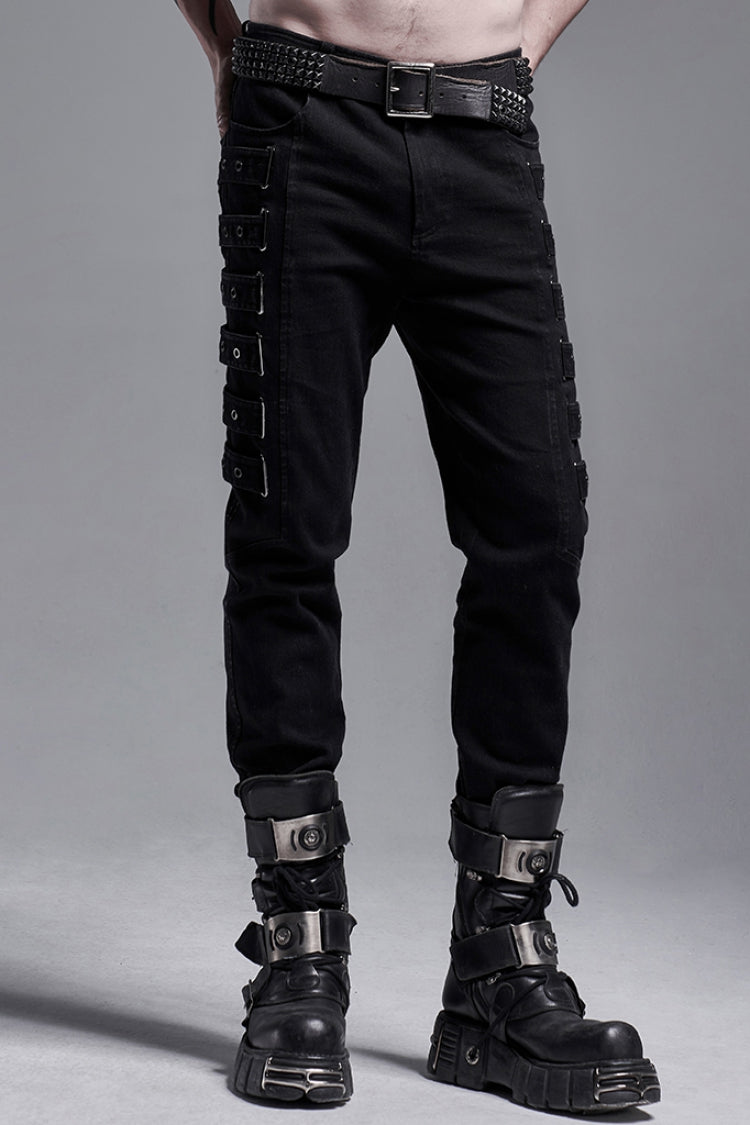 Black Buckle Zipper Men's Gothic Fitted Pants