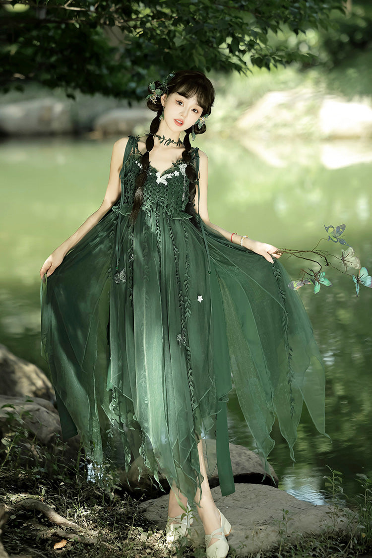 Green Forestry Asymmetric Hem Sweet Chinese Style Lolita Jsk Dress