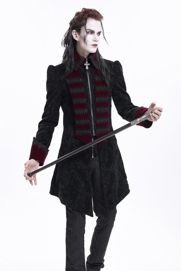 Black/Red Lapel Collar Long Sleeves Crochet  Men's Gothic Jacket