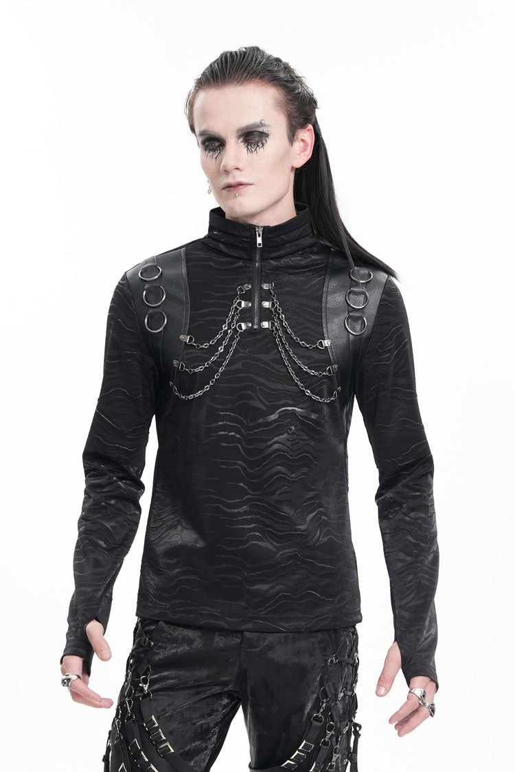 Black Chain Rings Stand Collar Long Sleeves Men's Gothic T-Shirt